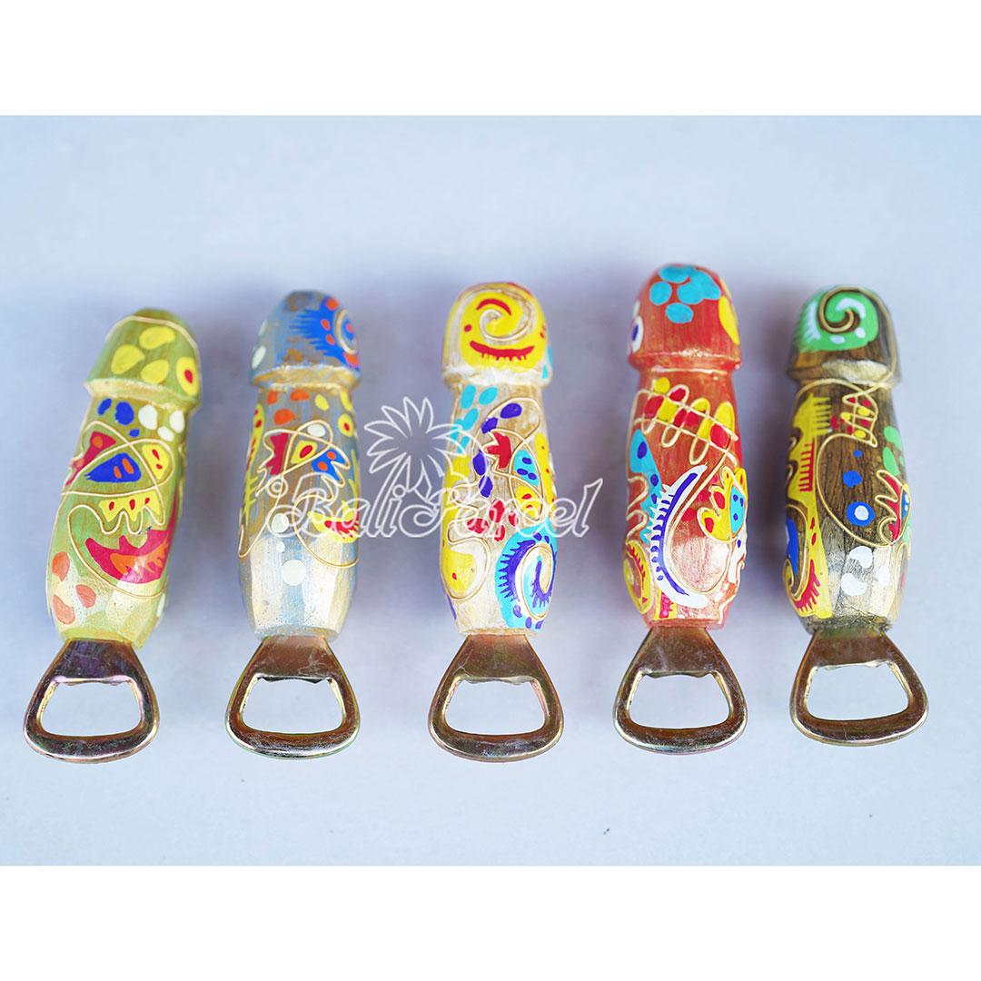 Bottle Opener Penis Shape With Painted Set Of 5, Handmade From Albesia Wood