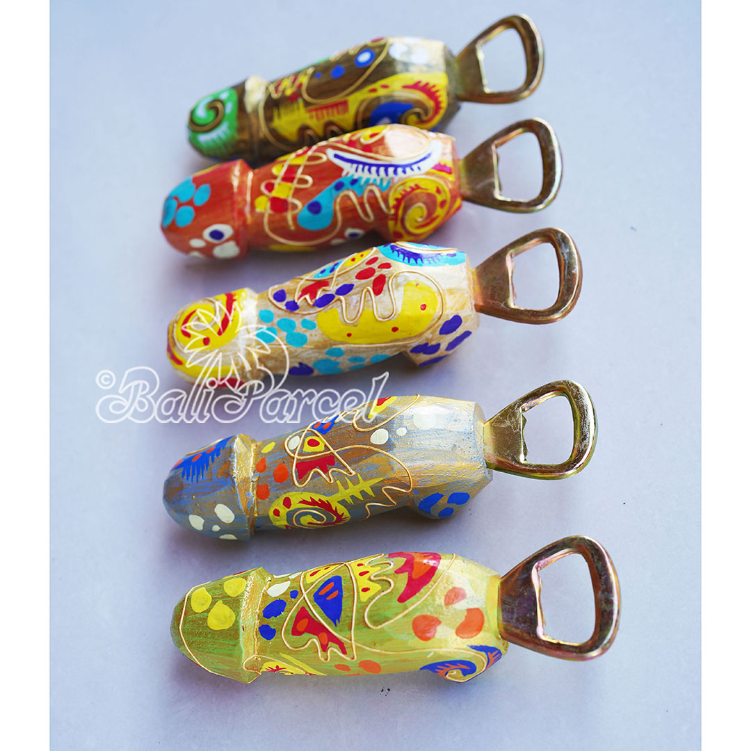 Bottle Opener Penis Shape With Painted Set Of 5, Handmade From Albesia Wood