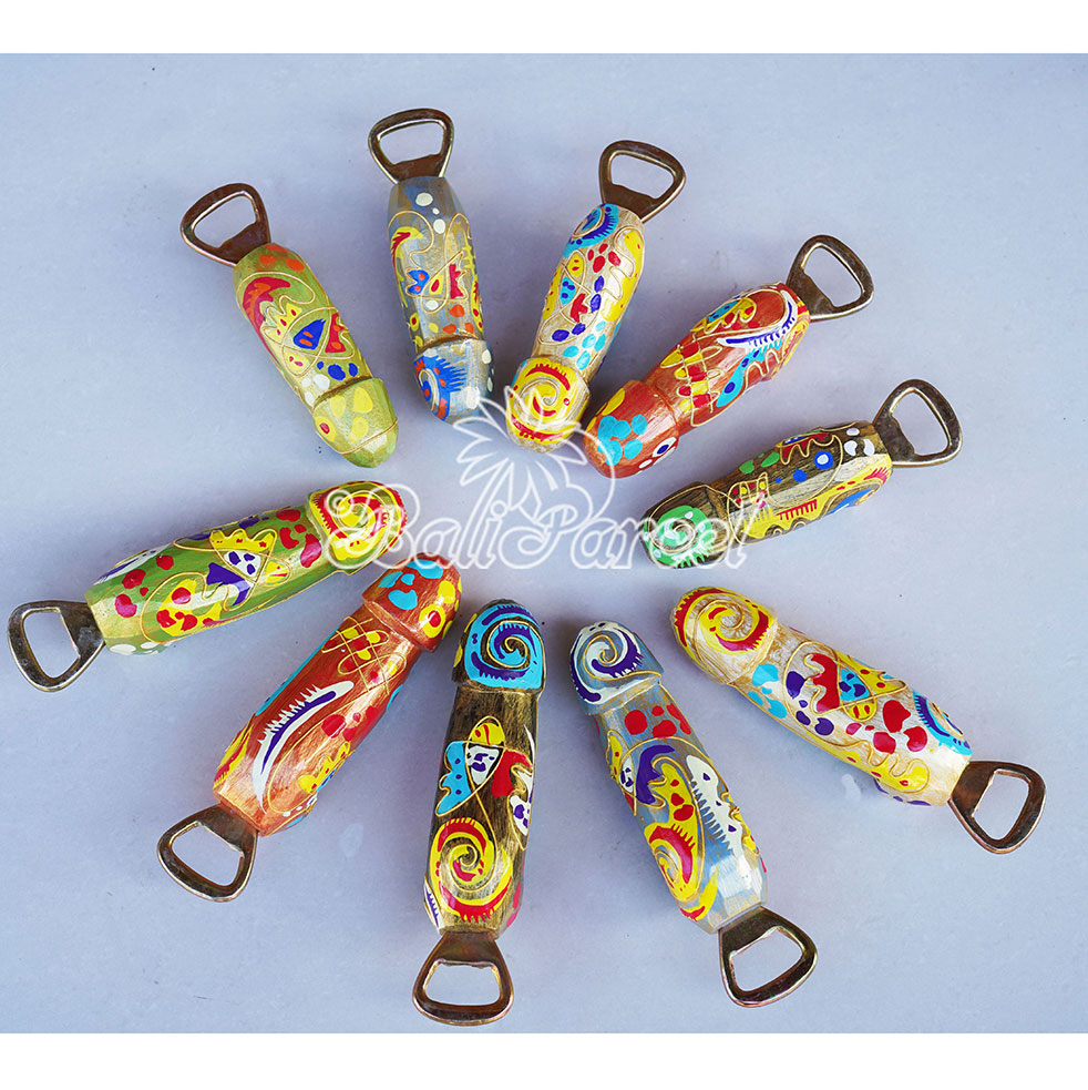 Bottle Opener Penis Shape With Painted Set Of 5, Handmade From Albesia Wood