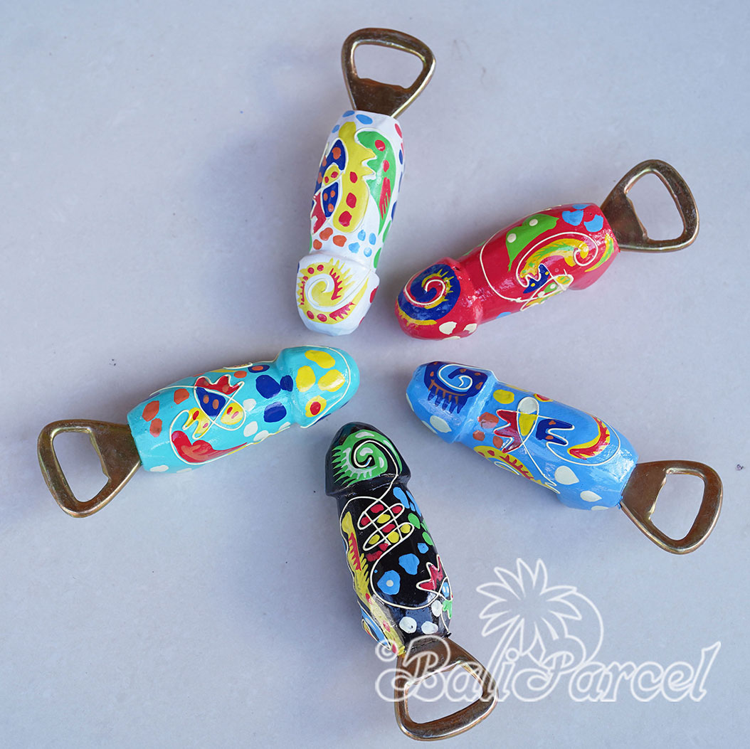 Bottle Opener Penis Shape With Painted Set Of 5, Handmade From Albesia Wood