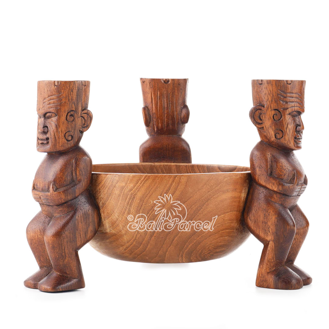Wooden Tiki With Bowl, Hand Made From Suar Wood