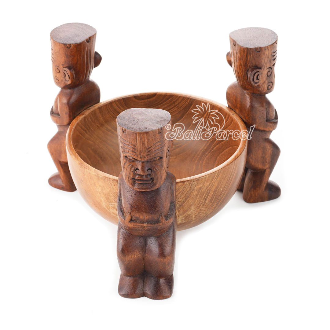 Wooden Tiki With Bowl, Hand Made From Suar Wood