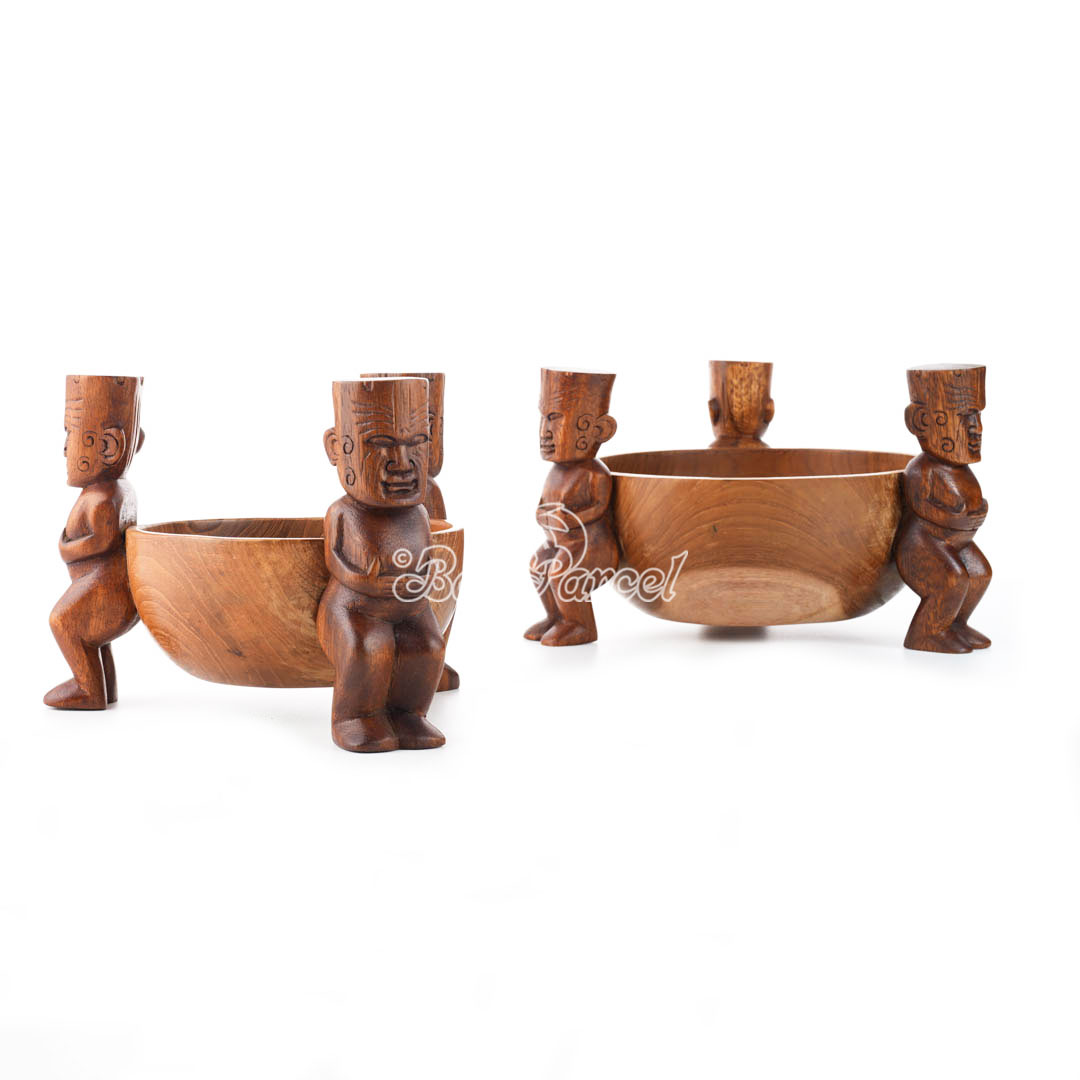 Wooden Tiki With Bowl, Hand Made From Suar Wood