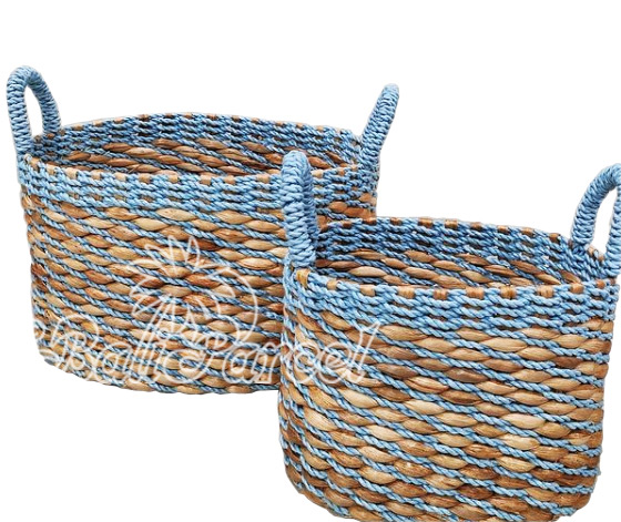 Beautiful Home Decoration Basket , Handmade With Synthetic String Inlaid With Water Hyacinth Set Of 2