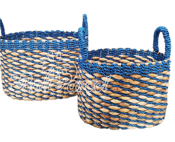 Beautiful Home Decoration Basket , Handmade With Synthetic String Inlaid With Water Hyacinth Set Of 2