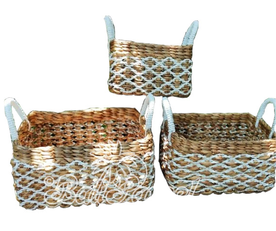 Beautiful Home Decoration Basket , Handmade With Synthetic String Inlaid With Water Hyacinth Set Of 3