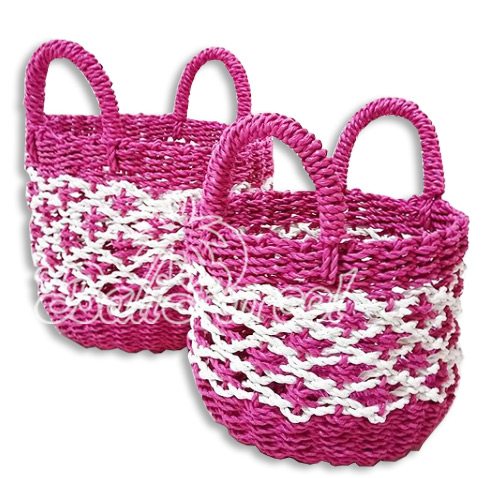 Beautiful Home Decoration Basket , Handmade With Synthetic String Inlaid With Water Hyacinth Set Of 2