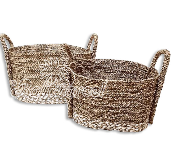 Beautiful Home Decoration Basket , Handmade With Synthetic String Inlaid With Water Hyacinth Set Of 2