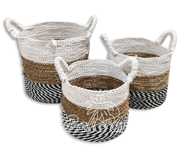 Beautiful Home Decoration Basket , Handmade With Synthetic String Inlaid With Water Hyacinth Set Of 3