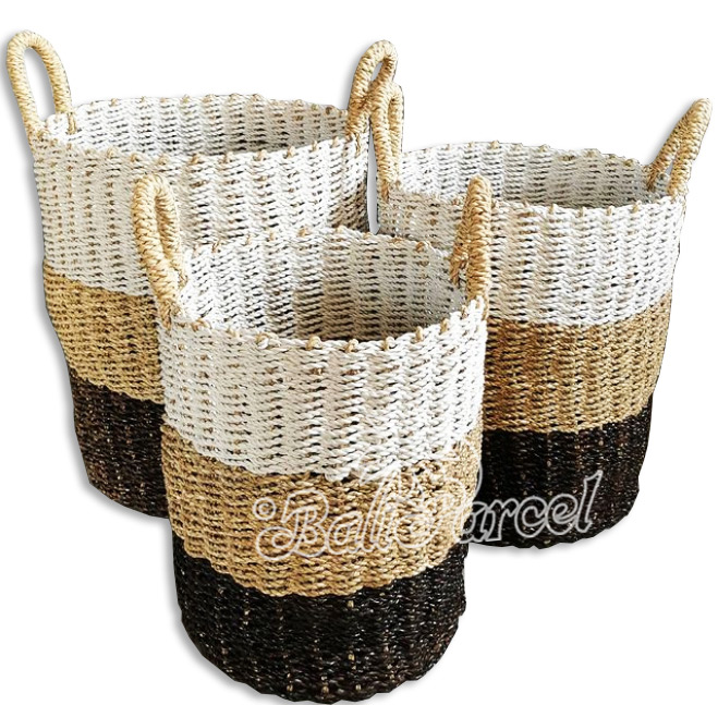 Beautiful Home Decoration Basket , Handmade With Synthetic String Inlaid With Water Hyacinth Set Of 3