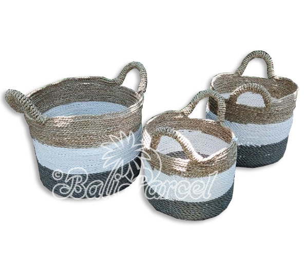 Beautiful Home Decoration Basket , Handmade With Synthetic String Inlaid With Water Hyacinth Set Of 3