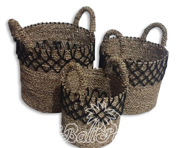 Beautiful Home Decoration Basket , Handmade With Synthetic String Inlaid With Water Hyacinth Set Of 3