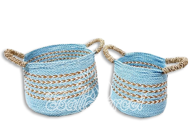 Beautiful Home Decoration Basket , Handmade With Synthetic String Inlaid With Water Hyacinth Set Of 2