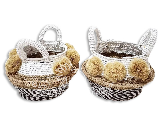 Beautiful Home Decoration Basket , Handmade With Synthetic String Inlaid With Water Hyacinth Set Of 2