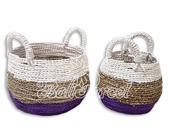 Beautiful Home Decoration Basket , Handmade With Synthetic String Inlaid With Water Hyacinth Set Of 2