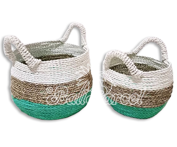 Beautiful Home Decoration Basket , Handmade With Synthetic String Inlaid With Water Hyacinth Set Of 2