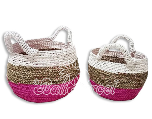 Beautiful Home Decoration Basket , Handmade With Synthetic String Inlaid With Water Hyacinth Set Of 2