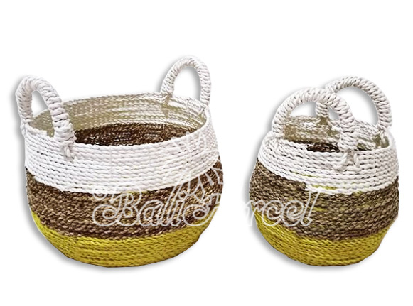 Beautiful Home Decoration Basket , Handmade With Synthetic String Inlaid With Water Hyacinth Set Of 2