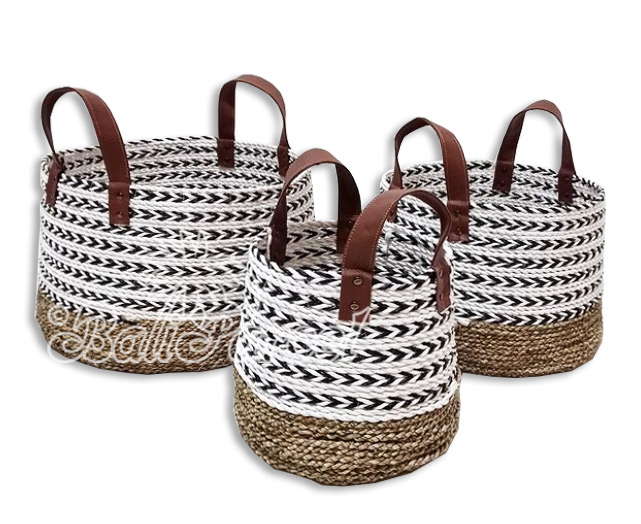 Beautiful Home Decoration Basket , Handmade With Synthetic String Inlaid With Water Hyacinth Set Of 3