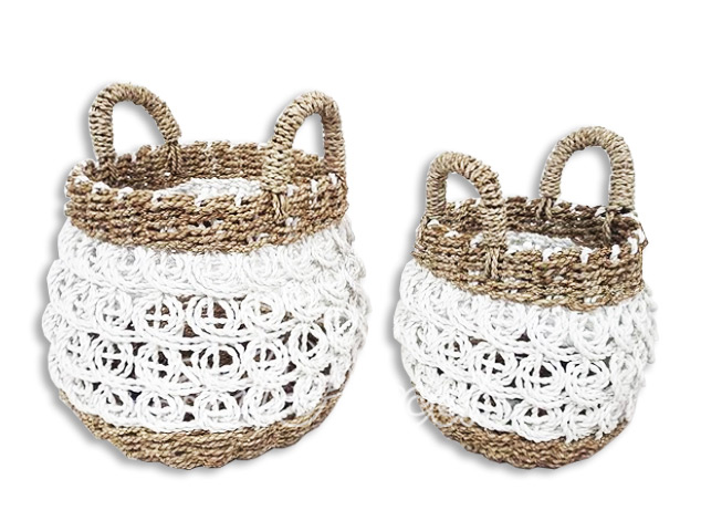 Beautiful Home Decoration Basket , Handmade With Synthetic String Inlaid With Water Hyacinth Set Of 2