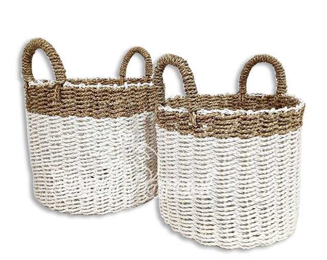 Beautiful Home Decoration Basket , Handmade With Synthetic String Inlaid With Water Hyacinth Set Of 2