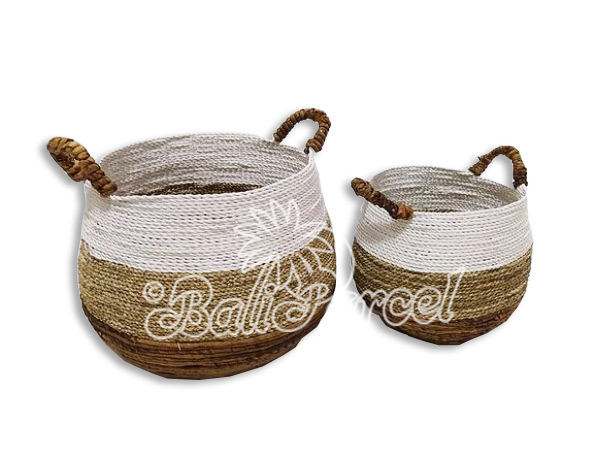 Beautiful Home Decoration Basket , Handmade With Synthetic String Inlaid With Water Hyacinth Set Of 2