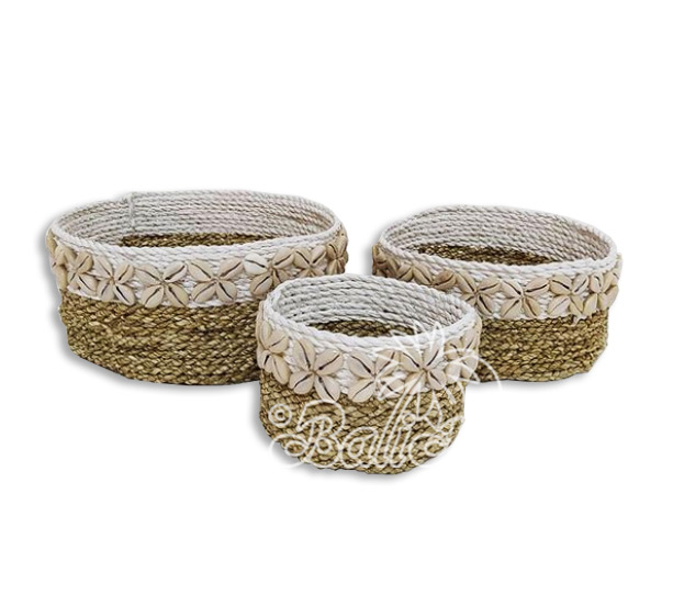 Beautiful Home Decoration Basket , Handmade With Synthetic String Inlaid With Water Hyacinth Set Of 3
