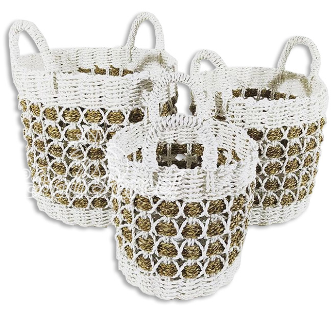 Beautiful Home Decoration Basket , Handmade With Synthetic String Inlaid With Water Hyacinth Set Of 3