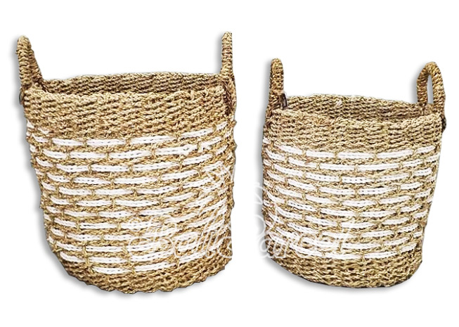 Beautiful Home Decoration Basket , Handmade With Synthetic String Inlaid With Water Hyacinth Set Of 2