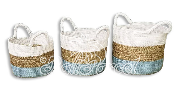Beautiful Home Decoration Basket , Handmade With Synthetic String Inlaid With Water Hyacinth Set Of 3