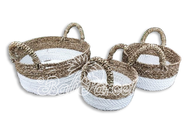 Beautiful Home Decoration Basket , Handmade With Synthetic String Inlaid With Water Hyacinth Set Of 3