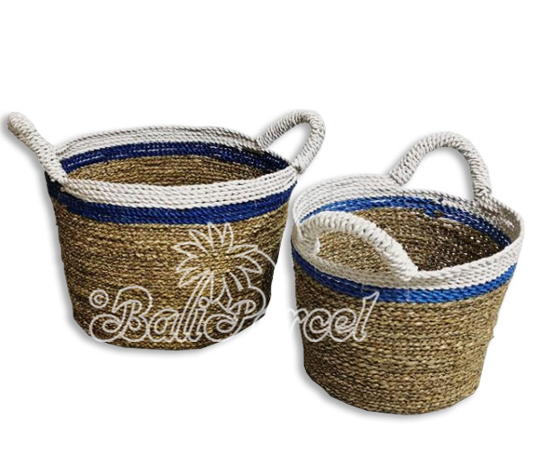 Beautiful Home Decoration Basket , Handmade With Synthetic String Inlaid With Water Hyacinth Set Of 2