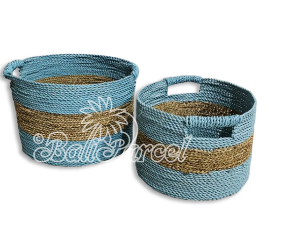 Beautiful Home Decoration Basket , Handmade With Synthetic String Inlaid With Water Hyacinth Set Of 2