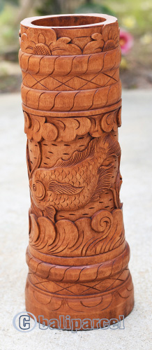 Container, Stick And Umbrela Holder, This Box Hand Carved From Mahogany Wood, With Fish And Bali Flower Carving.