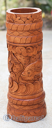 Container, Stick And Umbrela Holder, This Box Hand Carved From Mahogany Wood, With Fish And Bali Flower Carving.