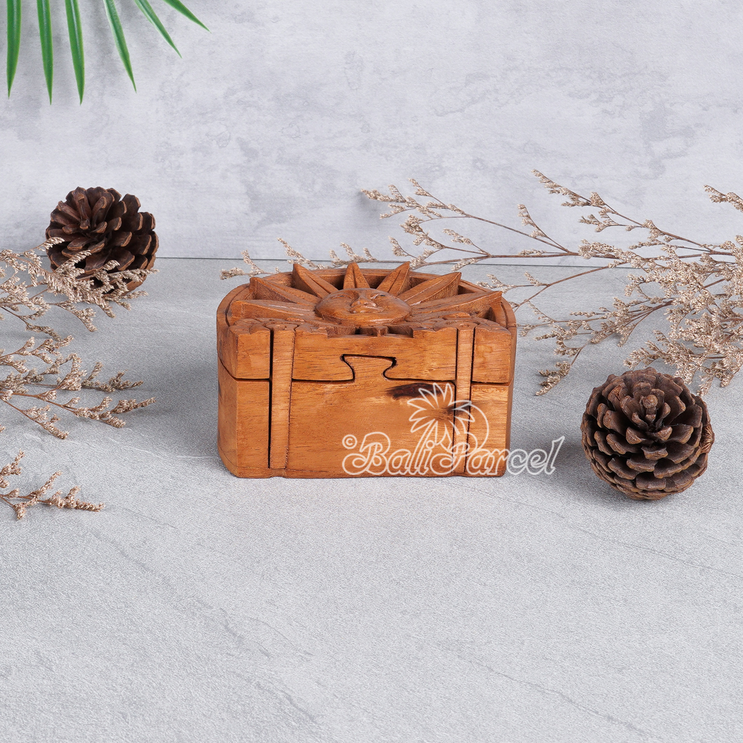 Wooden Box With Sun Math, Hand Made From Suar Wood