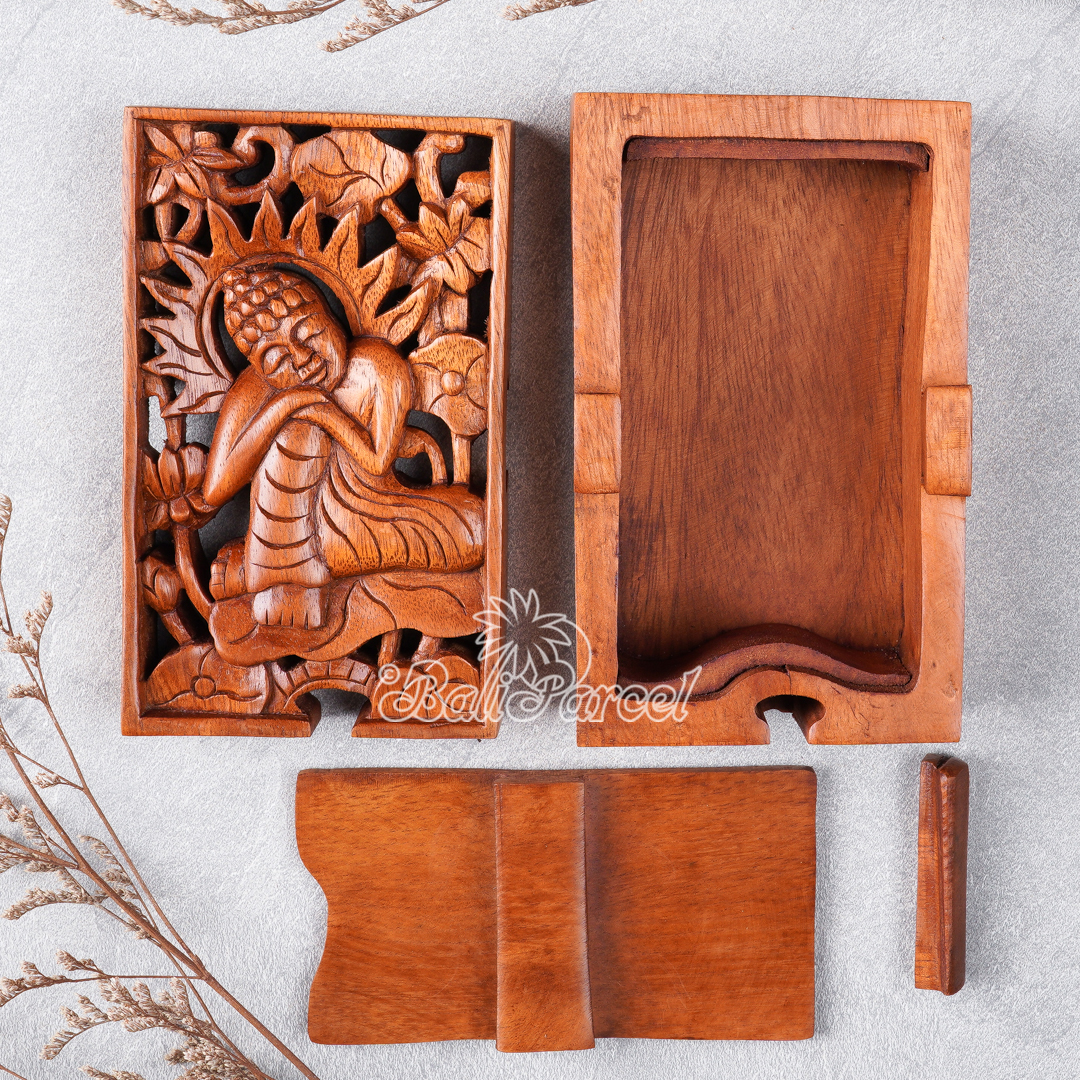 Wooden Box With Buddha, Hand Made From Suar Wood