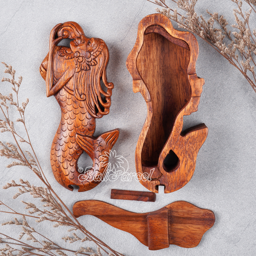 Wooden Box With Mermaid , Hand Made From Suar Wood