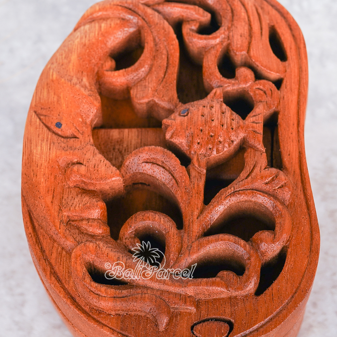 Wooden Box With Fish, Hand Made From Suar Wood.