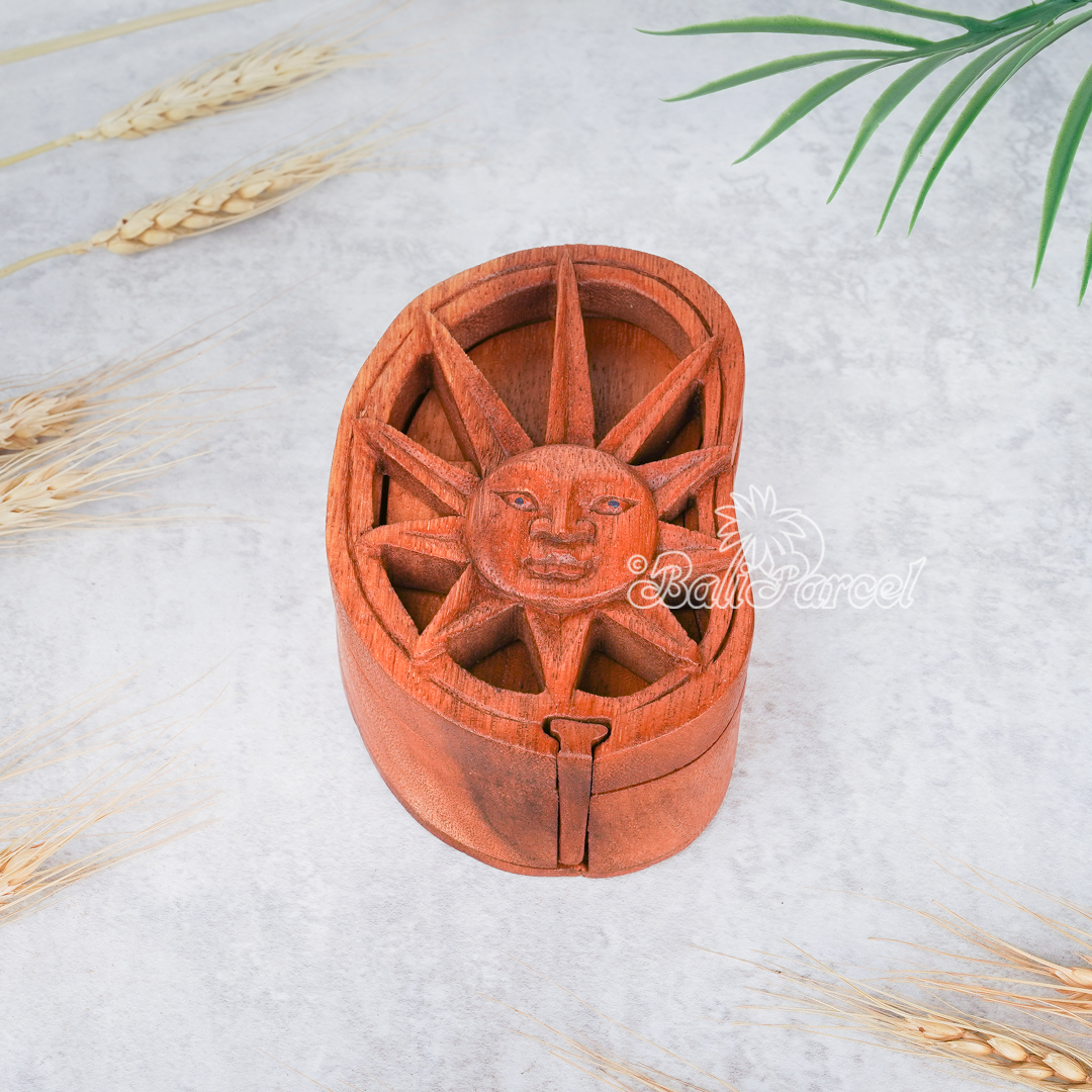 Wooden Box With Sun, Hand Made From Suar Wood.