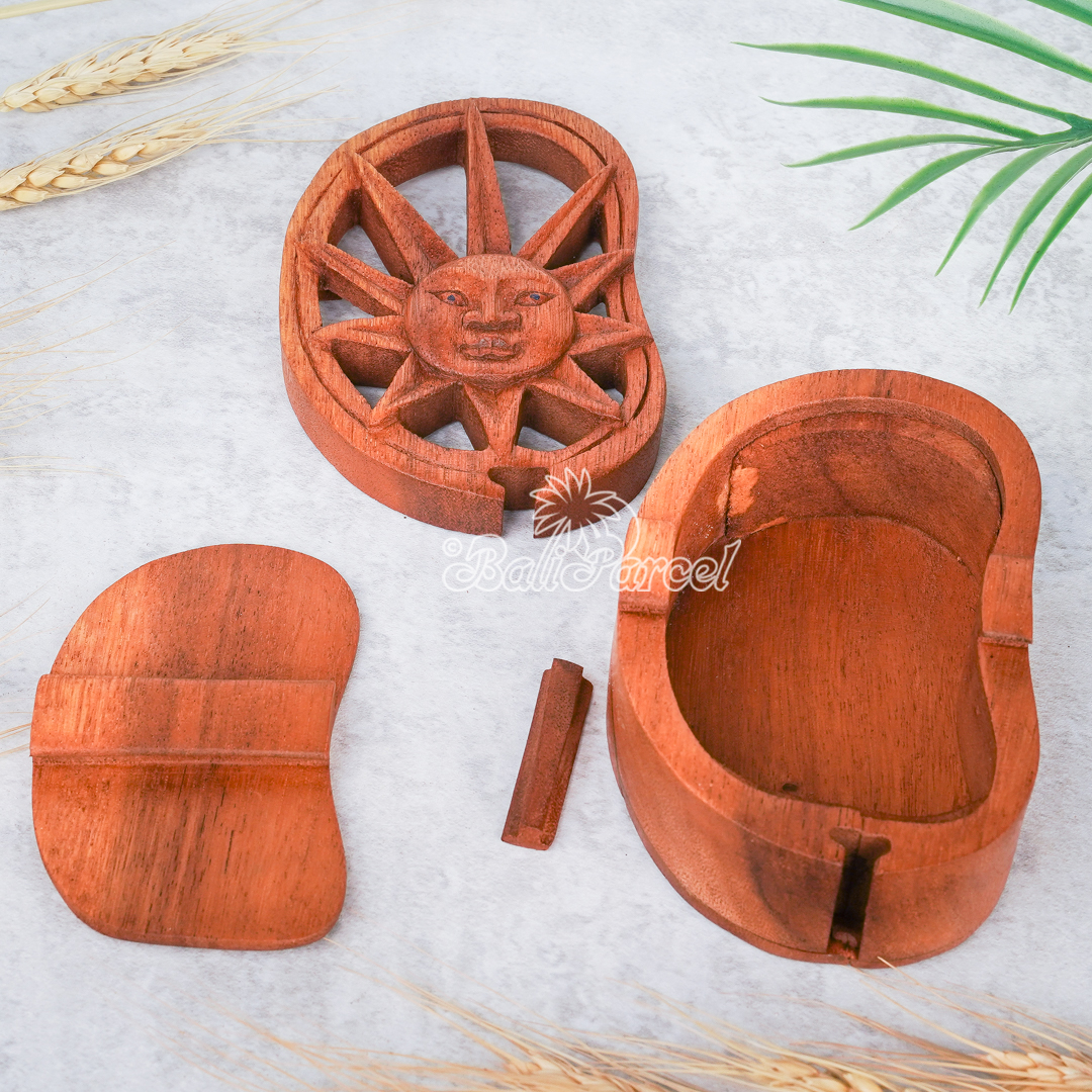 Wooden Box With Sun, Hand Made From Suar Wood.