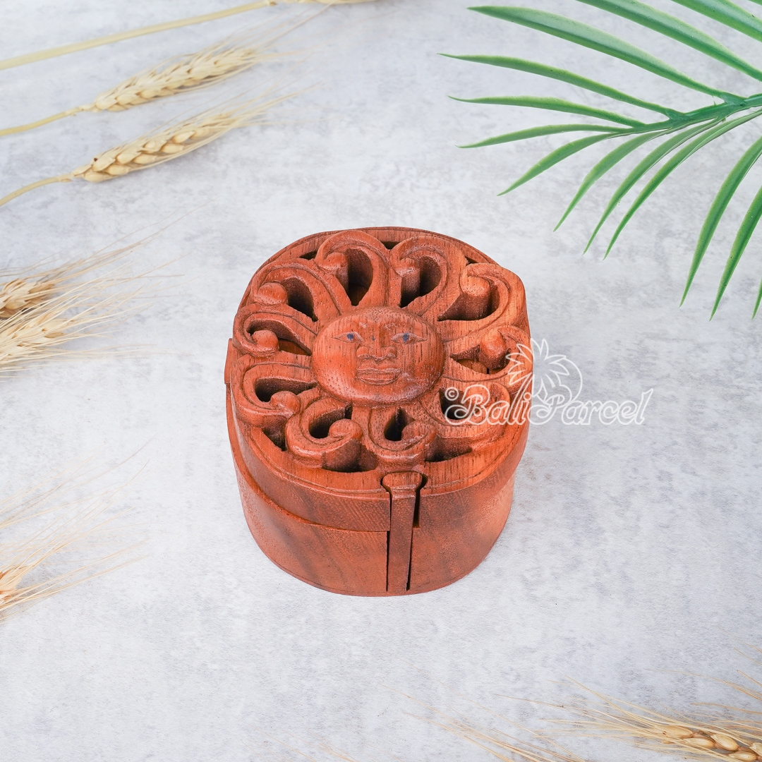 Wooden Box With Sun, Hand Made From Suar Wood.