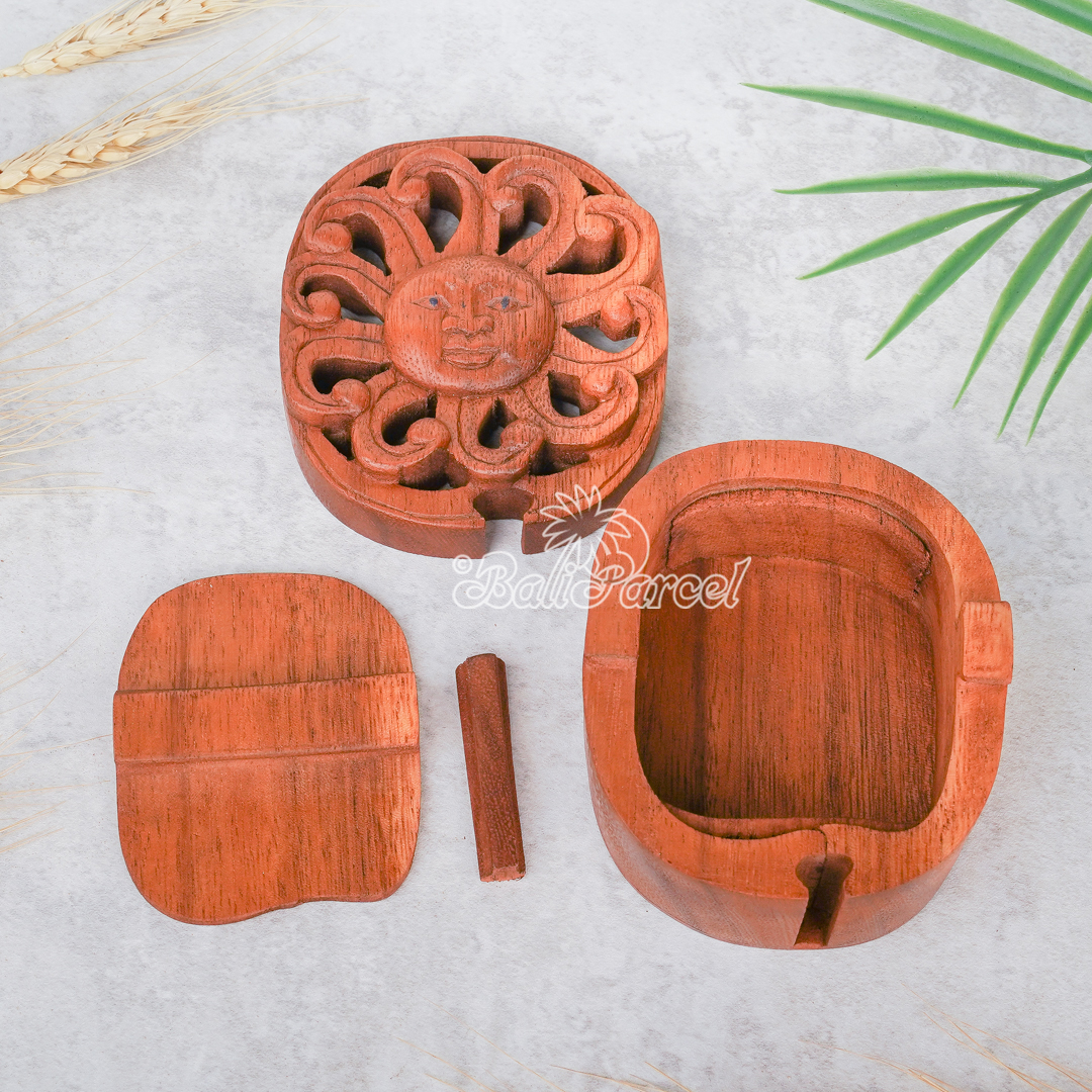 Wooden Box With Sun, Hand Made From Suar Wood.