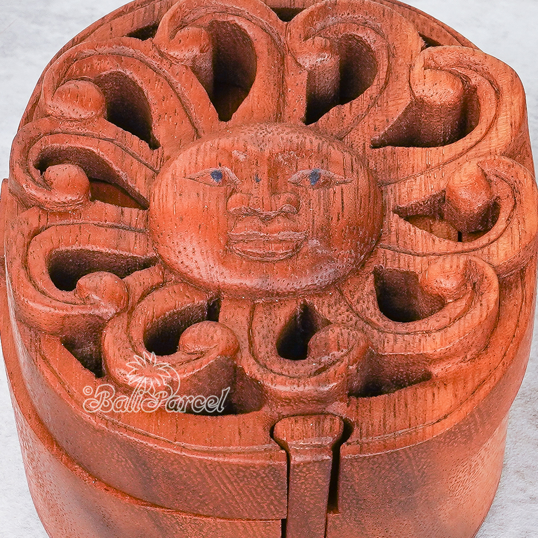 Wooden Box With Sun, Hand Made From Suar Wood.