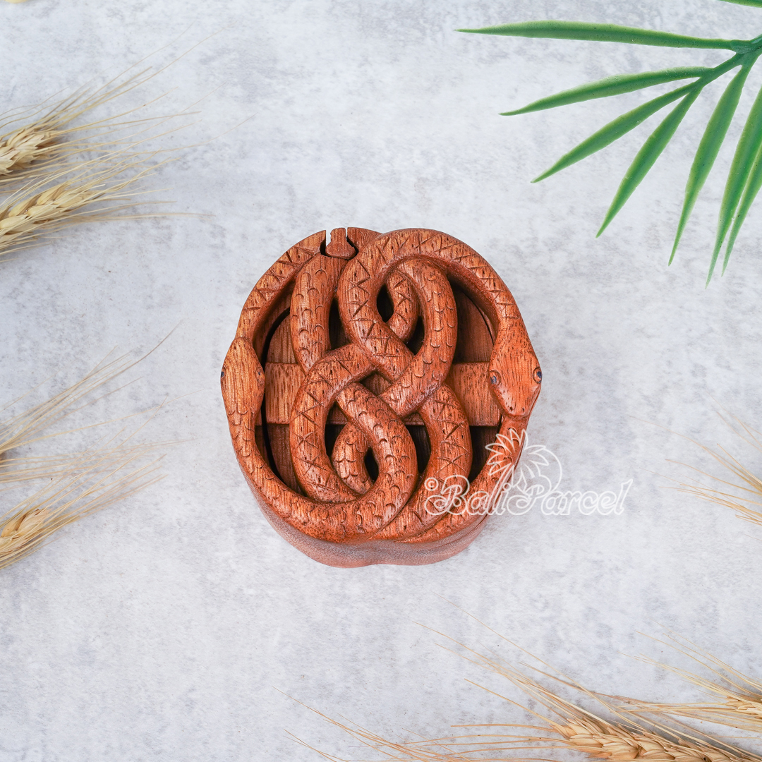 Wooden Box With Snake, Hand Made From Suar Wood.