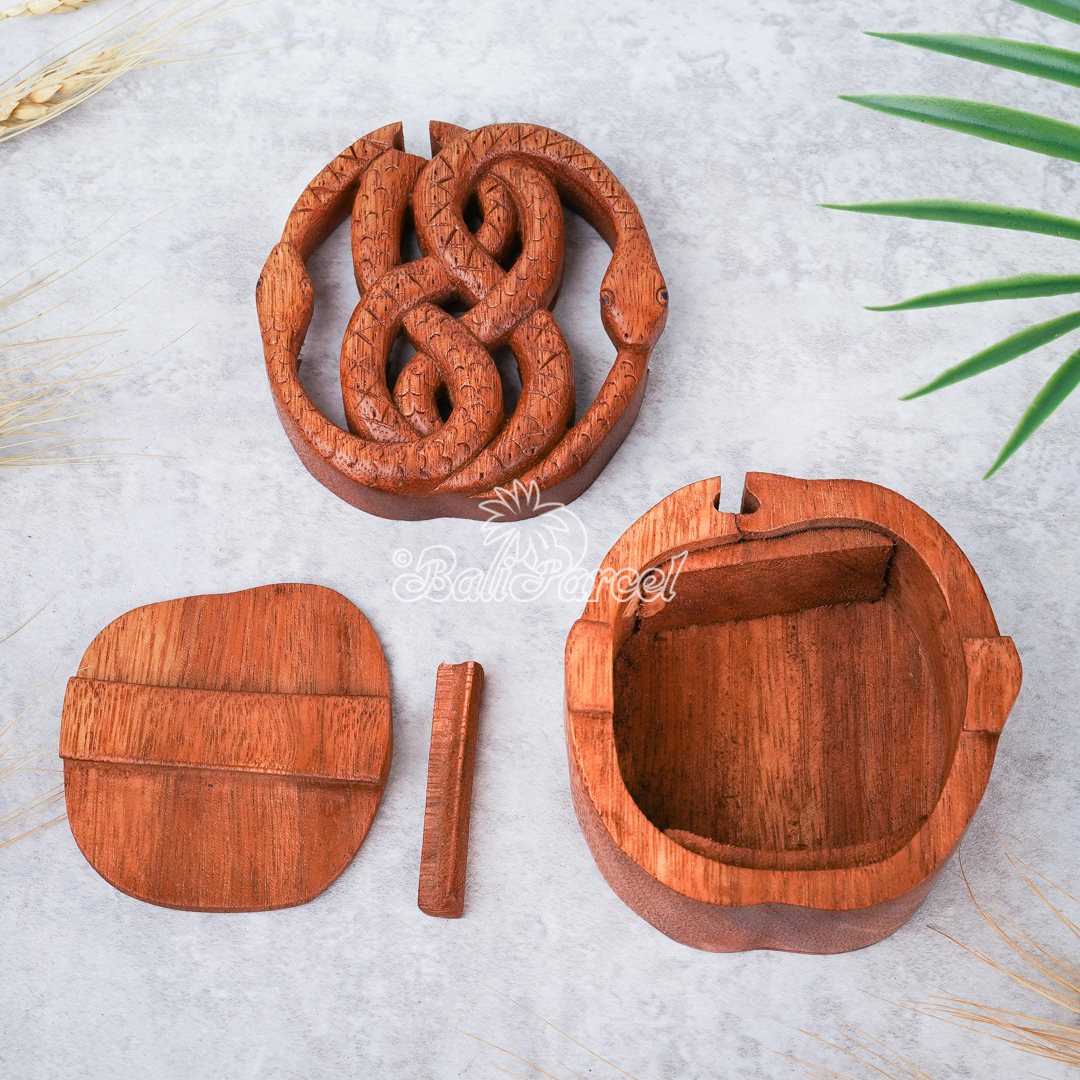Wooden Box With Snake, Hand Made From Suar Wood.