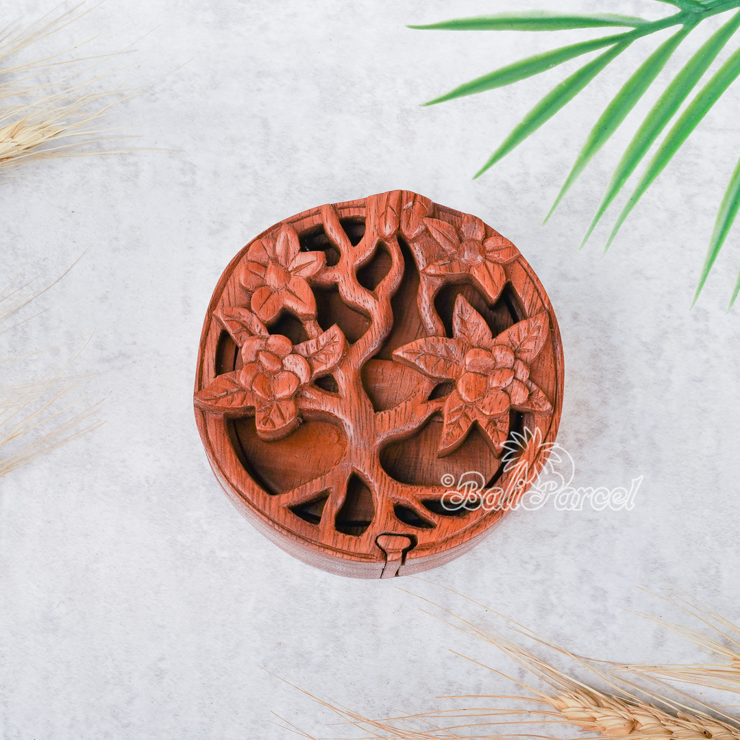 Wooden Box With Flower, Hand Made From Suar Wood.