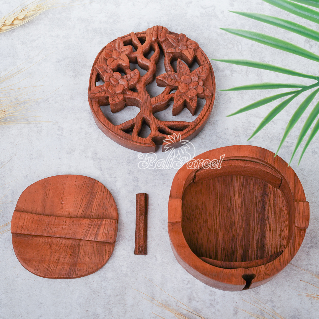 Wooden Box With Flower, Hand Made From Suar Wood.