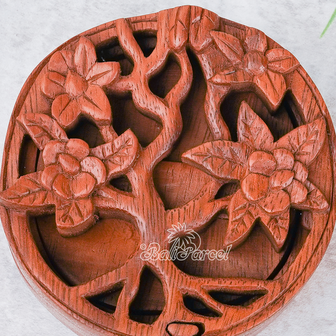 Wooden Box With Flower, Hand Made From Suar Wood.