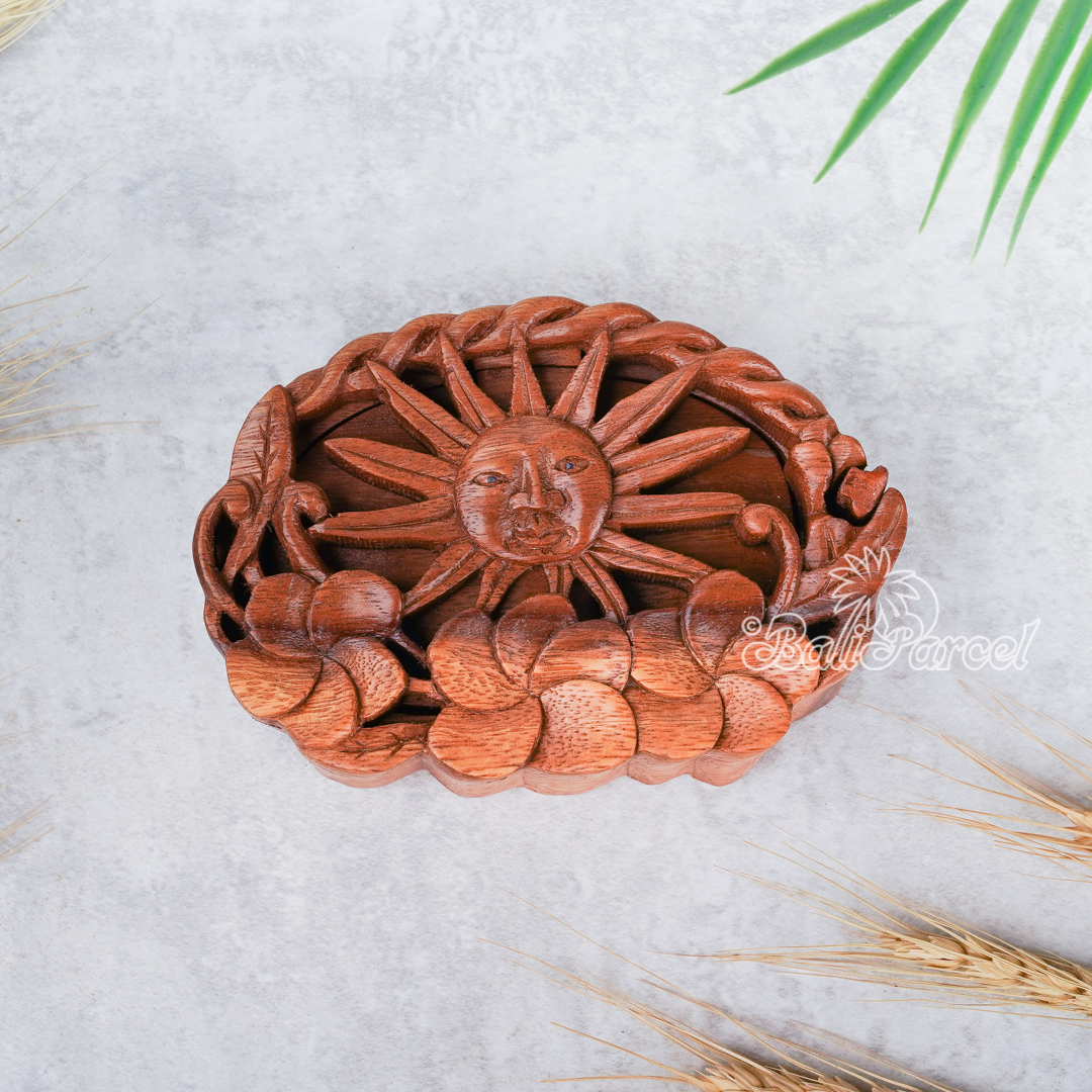 Wooden Box With Sun, Hand Made From Suar Wood.